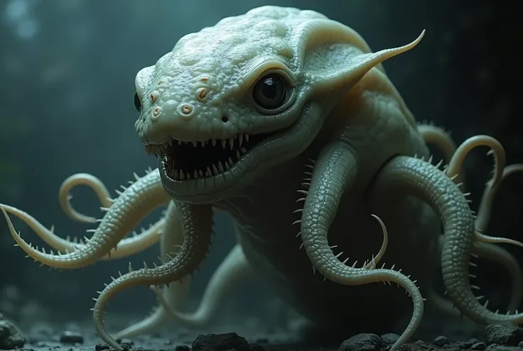 Ultra-realistic, translucent alien with tentacles, big eyes, hard big body, thick skin alligator concept, suction mouth