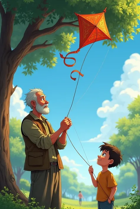 The elderly man successfully freeing the kite from the tree while the boy looks excited."
