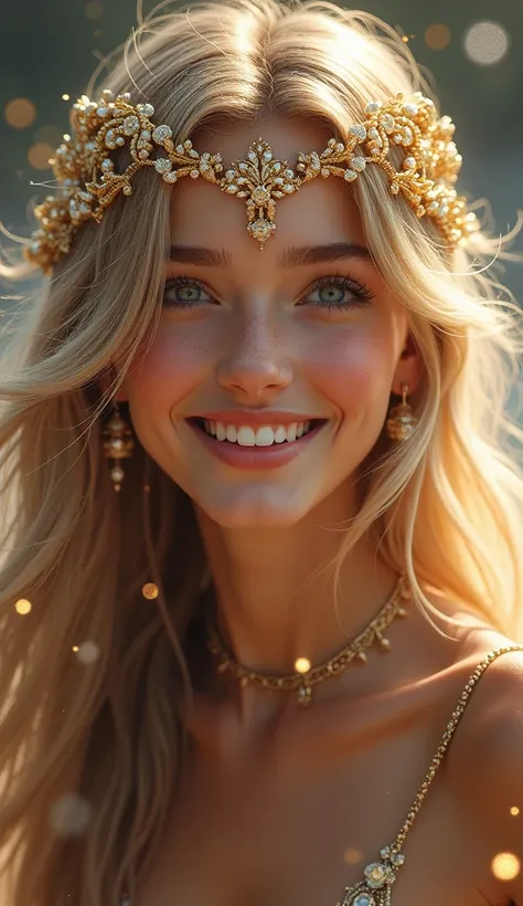  high definition ,  long hair,  smiles,  Wide Angle Shot ,  Headpiece,  glitter effect,  digital art , 