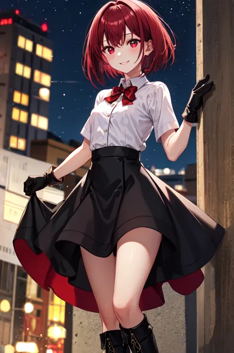 masterpiece, best quality, short hair, dark garnet red hair, close-up, apple  red eyes, smile, small breasts, bowtie, white shirt, black skirt, night, bokeh, outdoors, black boots, white leather gloves