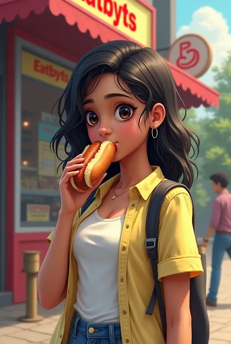 An indan collage girl take away and eat hotdog sandwich while walking, backround a shop name eatbyts
