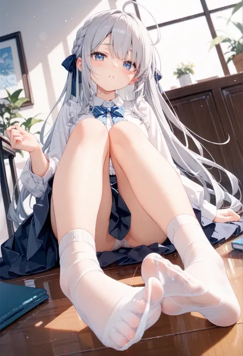 a sexy anime picture of a to-be-murdered woman with bare feet posing on a table  1girl, solo, feet, socks, blue eyes, no shoes, blush, skirt, white socks, foot focus, soles, grey hair, ribbon, sitting, long hair, ahoge, toes, bow, hair ribbon