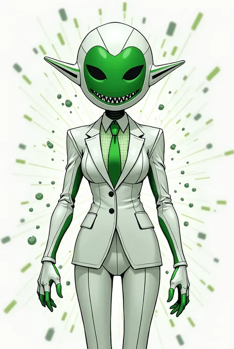 An anti-virus in the form of a white humanoid creature made of floating geometric shapes with green details and a core in the chest. office suit,  with code lines all around .  Green empty eyes and claws on her hands . Shark smile. Drawn style.  Holds bina...