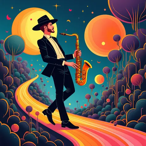 Jazz Age Modern Art “Surrealist-inspired art style. Saxophonist in suit dancing in electronic sound waves. Bright blue, gold, and purple colors. Graphical composition with elements of cubism.