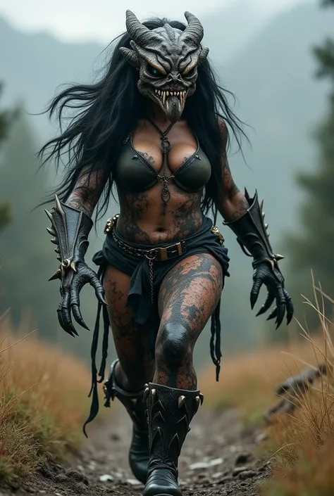  Long-haired woman with huge breasts plays the role of a predatory monster in a movie in a wilderness, using a scary predator costume , wearing a predator mask