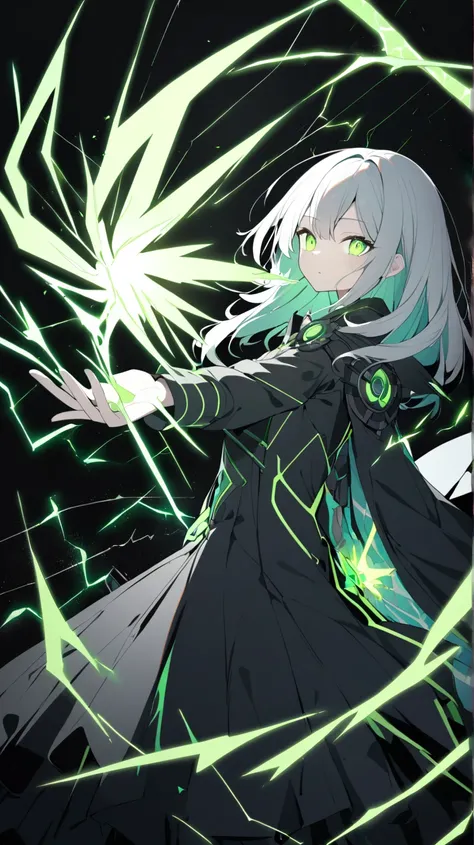  1 girl, solo,  black background,Outstretched Hand,Green electricity , emits electricity from the hand, hair that flutters like, 