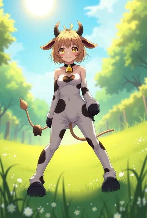  cow cosplay on the grass　women
boots
full body　Yellow Eyes　anime　 light brown hair 　 bob hair　Black Ear　Black Horn　collar and bell 　Leg spread　 when the sun shines