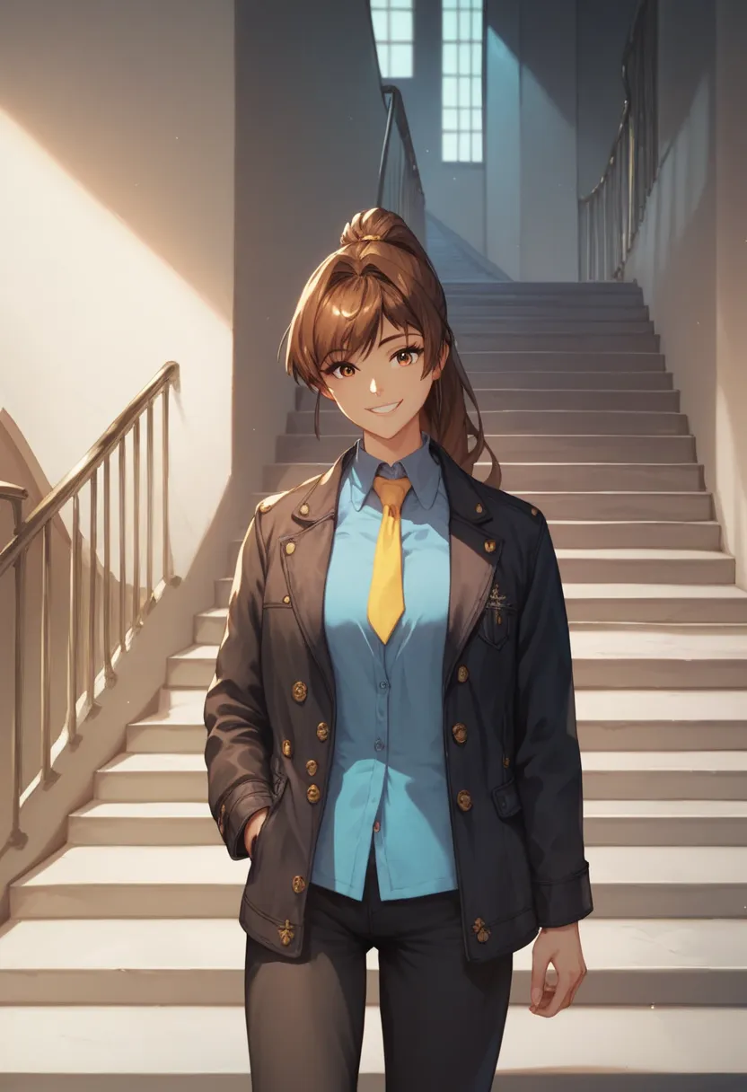 kira yamato, brown hair, purple , ponytail, cemetary, stairs, blue shirts, yellow tie, black jacket, black pants, smile