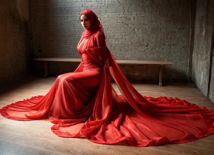 A woman shrouded in a 10-meter-long, plush red transparent silk cloth, slim body with big breast, tightly bound and grandly draping along the form of her body, flowing off into a pooled floor-length train, styled in a mermaid-inspired outfit, her head mode...