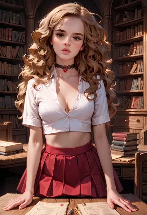 score_9, score_8_up, score_7_up, rating_questionable, epiCPhoto 1girl, solo, very sexy (Hermione Ganger, cartoon of hrmgrgr, long wavy hair, light brown hair, brown eyes:1.3), sexy school uniform, white_blouse, maroon_skirt, thigh, black_choker, midriff, (...