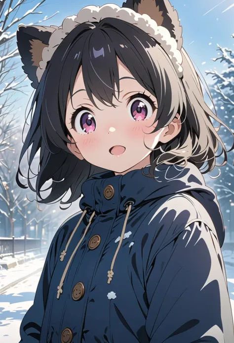 Dog Ears，   Very black hair，             black ear           ，fun，Anime Images，      girl，4K， cute，The style is good， winter， upper body