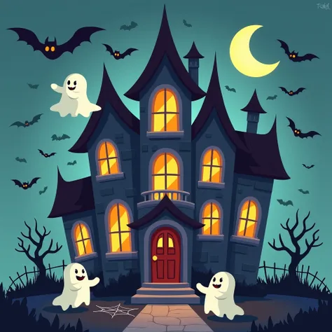 A whimsical 2D illustration of a haunted mansion with exaggerated, cartoonish architecture, glowing windows, and playful ghosts floating around. Includes elements like bats, cobwebs, and a crescent moon.