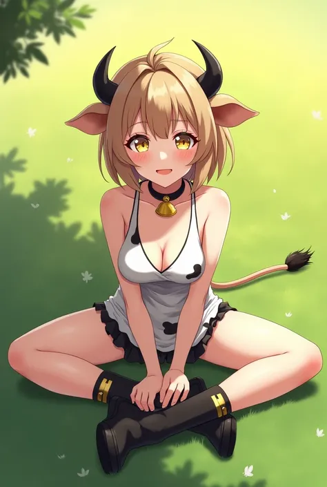  cow cosplay on the grass　women
boots
full body　Yellow Eyes　anime　 light brown hair 　 bob hair　 gym sitting 　Black Ear　Black Horn　collar and bell 　 when the sun shines