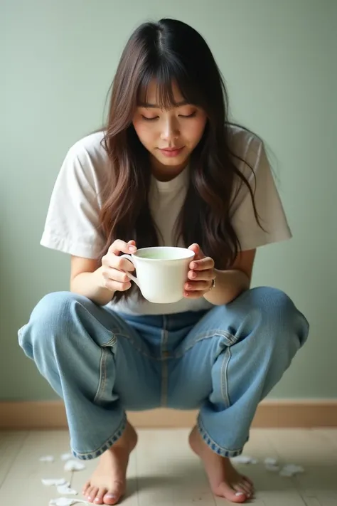 A picture of a Korean woman wearing white tea and jeans squatting and farting loudly, her farts are green, her breasts are big, her hips are big, long hair, bangs, and diarrhea while farting, and she has diarrhea on the floor