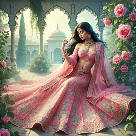 Create a mystical scene featuring a beautiful woman in an ornate pink lehenga with gold embroidery, lounging gracefully among lush roses. She has long flowing black hair and wears intricate jewelry. The background includes elegant arches and a serene garde...