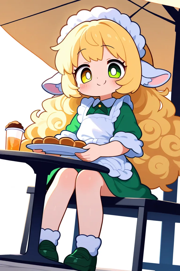 1girl, solo, kemono style, sheep ears, soft wool-like fluff on arms and legs, curly blonde hair, bright green eye, heterochromia...