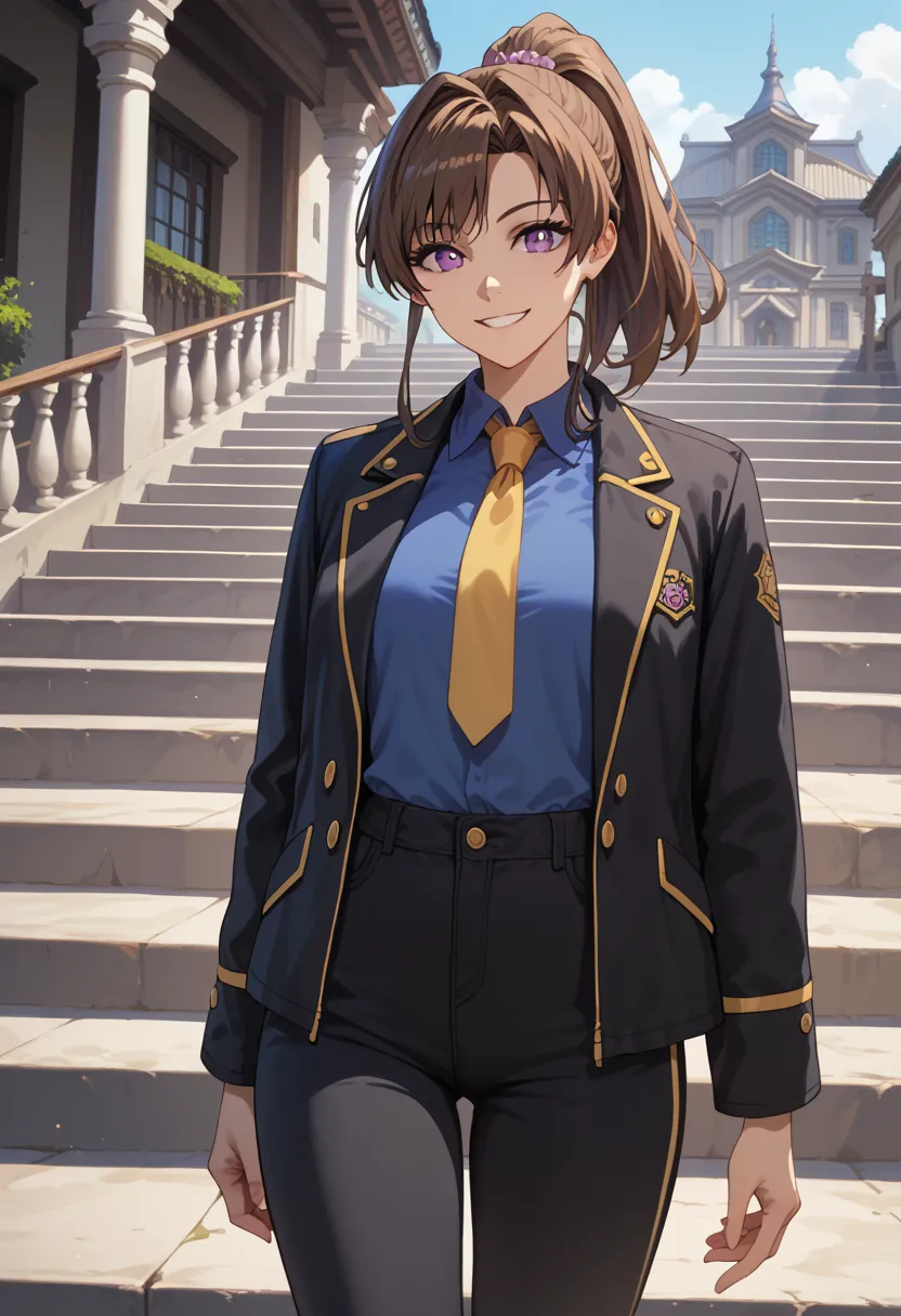 kira yamato, brown hair, purple eyes, ponytail, cemetary, stairs, blue shirts, yellow tie, black jacket, black pants, smile