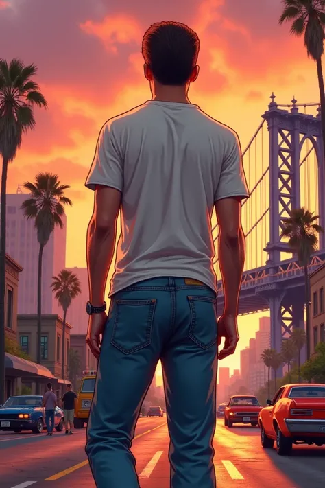 An urban landscape in the style of Los Santos , with a dramatic sunset in the background. CJ , The protagonist,  is in the foreground ,  wearing their classic white t-shirt and blue jeans . Behind him,  you can see the iconic San Fierro bridge and some rep...