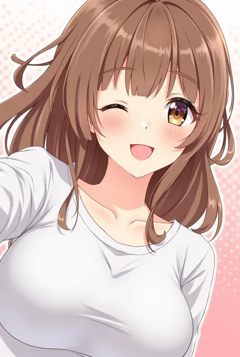 1girl, Bangs, Brown Hair, High Resolution, Tongue, POV, Large breasts, Makeup, Nose Blush, Happy, Anime, Anime Style, 
