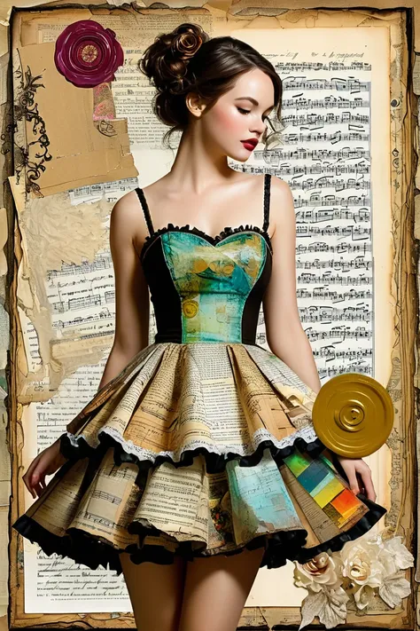 Super detailed alcohol ink painting of gorgeous girl, Made on top of a mixed-media masterpiece patchwork of stress-free vintage script paper, Ephemera, Torn cardboard, Vintage newspaper, Vintage sheet music, Wax Seal, Dress made of paper ruffles and life-s...