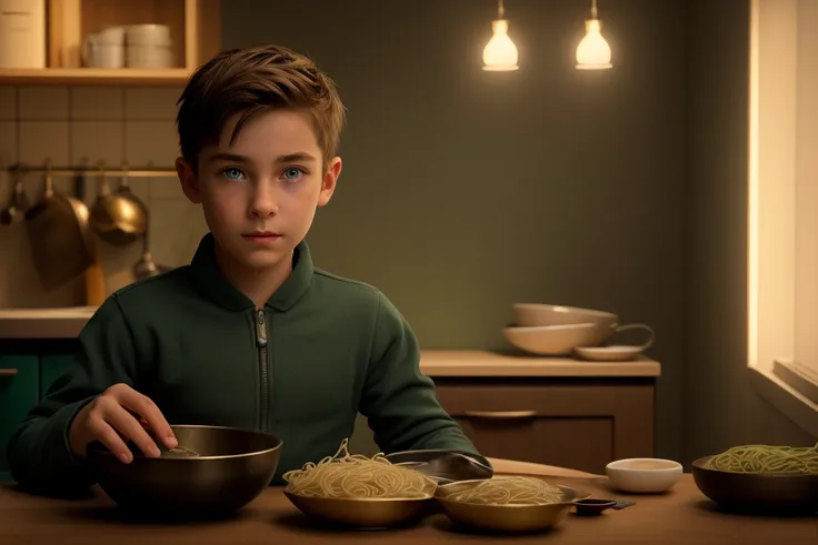 Create a realistic invA  boy named Ethan sits at a kitchen table under warm cinematic lighting, holding a forkful of steaming noodles from a futuristic, glowing bowl. His curious green eyes light up as golden light radiates from the bowl, subtly transformi...