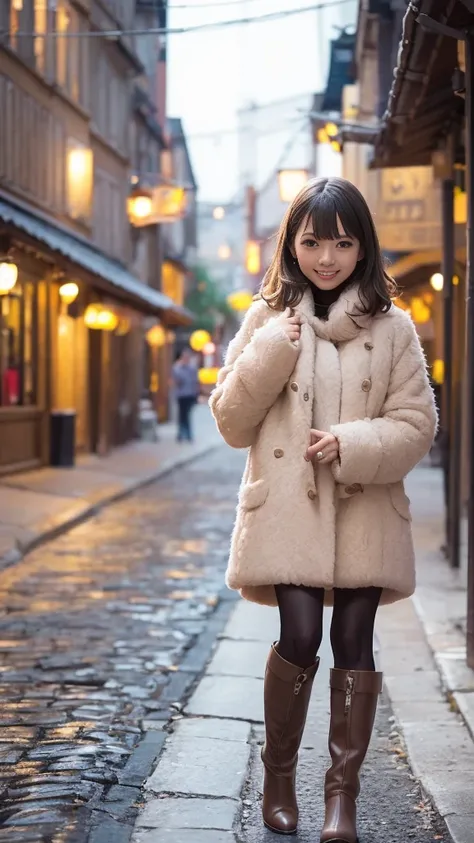 (( oversized micro knit sweater、Pencil long skirt、( Knee High Heel Boots 、 down jacket :1.1、Gloves))、 1 21-year-old girl 、 slender body 、 bob hair、Brown Hair、Medium breast)、((Snowy road surface :1.1、 snowy night:1.1、Walking through a narrow street 、 street...