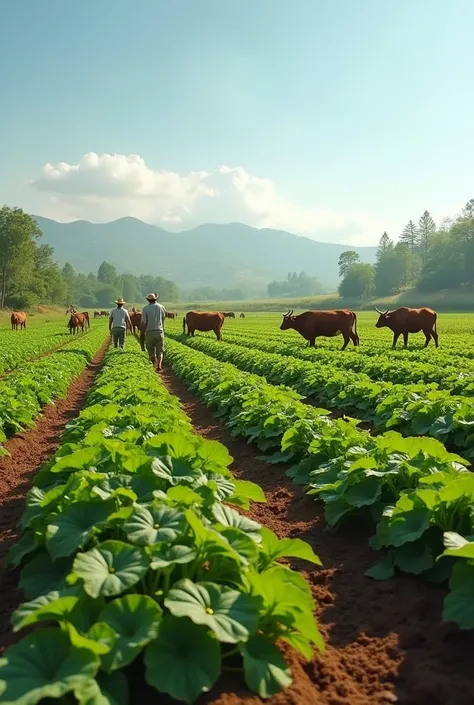 
" Vibrant agricultural field with healthy crops treated with agricultural silicon fertilizers ,  surrounded by shepherds tending robust cattle that consume zeolite concentrate .  Panoramic view of a sustainable farm ,  with fertile soil ,  green plants an...