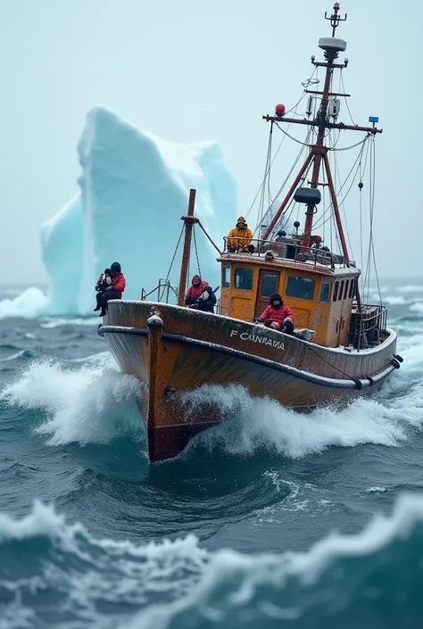 Rough seas， A rusty and snowy fishing boat bumps up and down in the waves，There is a blurry iceberg in the distance ， The picture shows a cold and bleak ，The crew on the boat is holding a little otter and a little penguin。