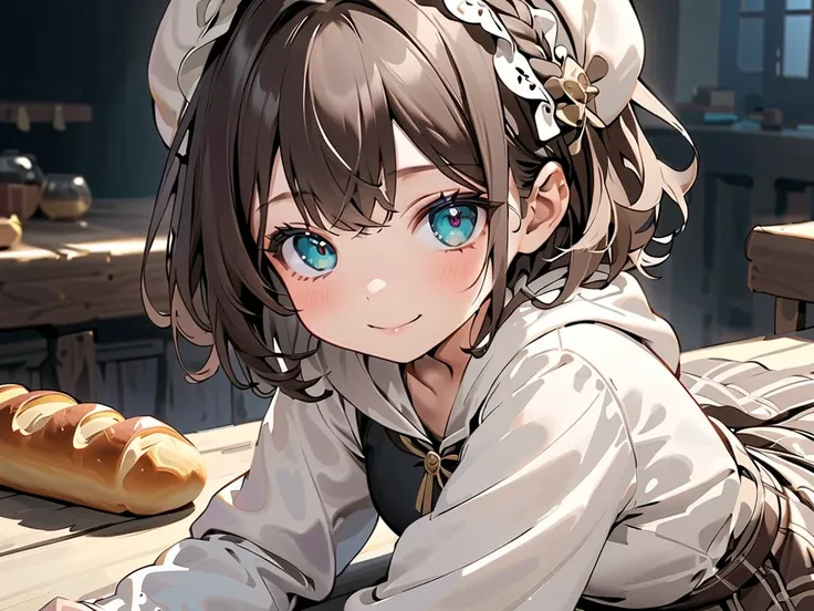 masterpiece, 1girl, sparrow, a brown haired girl, wearing a white medieval priestess clothes, curly short hair, messy hair, slim body, wearing golden capelet with hoody, he close her left eye, shirt ornament, aqua eyes, sho show her back, ahoge, black vest...