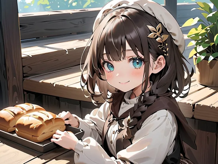 masterpiece, 1girl, sparrow, a brown haired girl, wearing a white medieval priestess clothes, curly short hair, messy hair, slim body, wearing golden capelet with hoody, he close her left eye, shirt ornament, aqua eyes, sho show her back, ahoge, black vest...