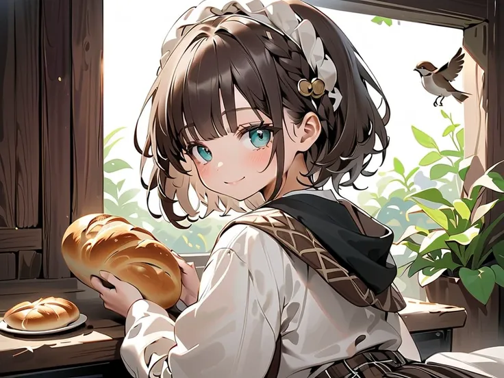 masterpiece, 1girl, sparrow, a brown haired girl, wearing a white medieval priestess clothes, curly short hair, messy hair, slim body, wearing golden capelet with hoody, he close her left eye, shirt ornament, aqua eyes, sho show her back, ahoge, black vest...