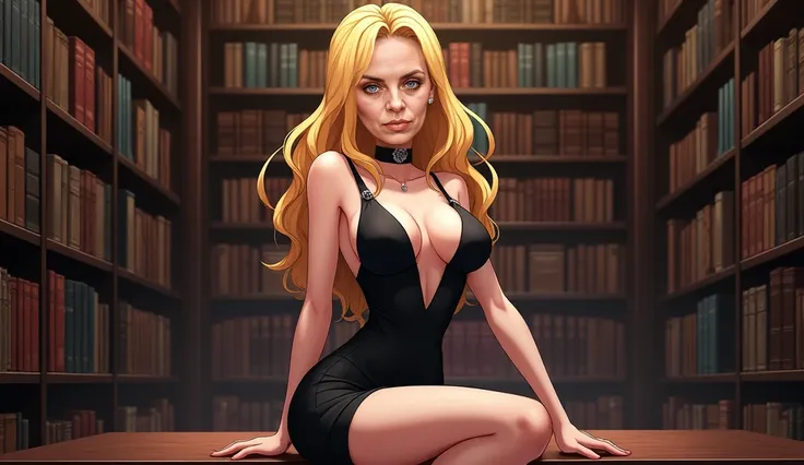 Anya from Spy x Family sits seductively on a wooden desk, surrounded by towering bookshelves. She wears a stunning black evening gown that hugs her curves, her blonde hair cascading down her back like a golden waterfall. Her eyes, a piercing shade of blue,...