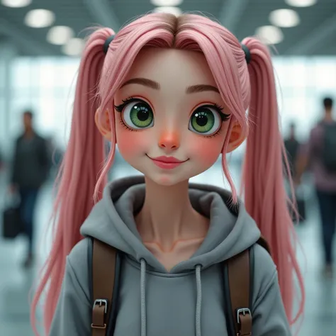 Young woman with big green eyes, perfect upturned nose, perfect full lips, very defined brown eyebrows, long straight pink hair styled in two ponytails, wearing a grey hoodie and carrying a backpack, against a blurry airport background, realistic human app...