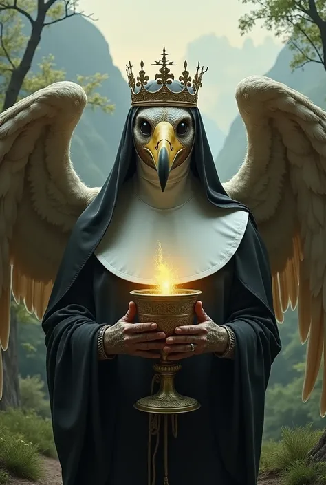 Nun &#39;s head and a large beak, no hands, there are wings, crown on head, background forest and mountains, holy grail cross, full size image, in the hands of the bound grail, angels behindLarge breasts, 