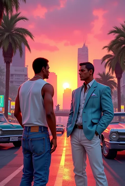  An urban landscape with a mix of Los Santos and Vice City during a sunset. in the foreground, CJ  (Carl Johnson)  and Tommy Vercetti are together ,  each in his signature outfit : CJ  con su camiseta blanca sin mangas y jeans azules,  and Tommy in his lig...