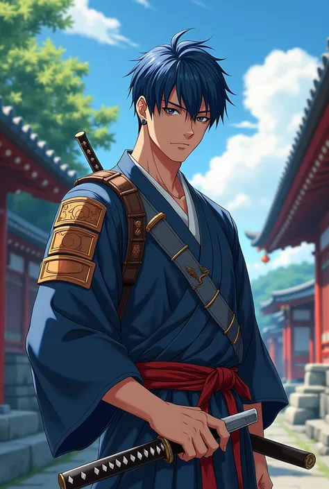 2d anime man serious 30 years old have earing samurai dress with a samurai katana blue short hair samurai boots.