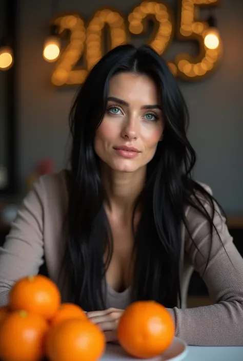  Attractively create the image of a 40-year-old woman with straight black hair, long hair on shoulders   .    big blue eyes  ,  brunette ,   
There is a plate of tangerines on the table .  Live a womans New Year background with numbers 2025 