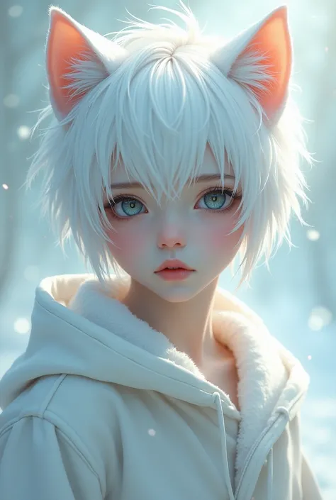 1 boy with white hair and cold secondary handsome cat ears