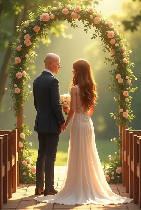 Bald young male getting married with golden brown hair women back view 