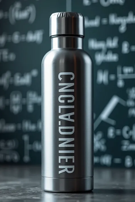 insulated thermos bottle with the text insulated container printed big in English related with thermodynamics creatively