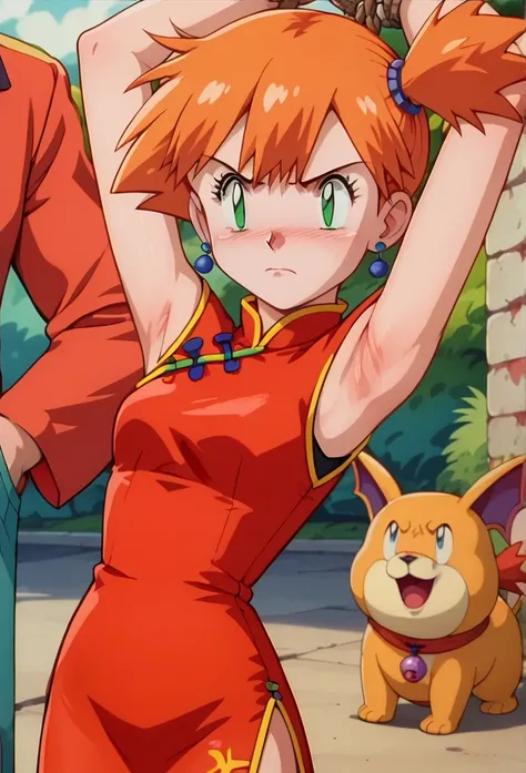 Anime screencap, score 9, score_8_up, score_7_up, scorw_6_up, source anime, 1 girl, misty (pokemon) on knees, red china dress, bead hair tie, bead earrings, anger_expression, arms up, bound arms, (thin_waist), (flat_chest), show armpit, (pennis rubbing arm...