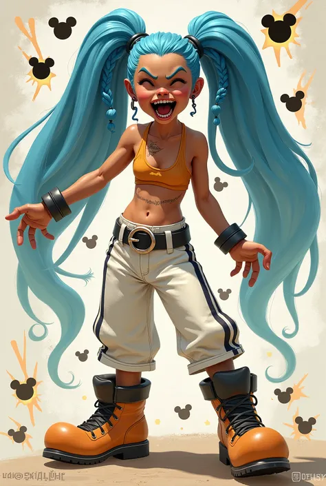 Realistic v5 image of the character Jinx with her 2 long blue braids in her hair she is cropped with white Mickeys white vertical striped pants and boots and is laughing like a madman. Background of the image an illustration . De bombas em formato de Micke...