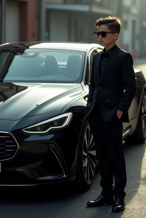 a boy is standing on the right side of a black car. He is wearing a black suit and black glasses. The cars number plate reads NOORA
