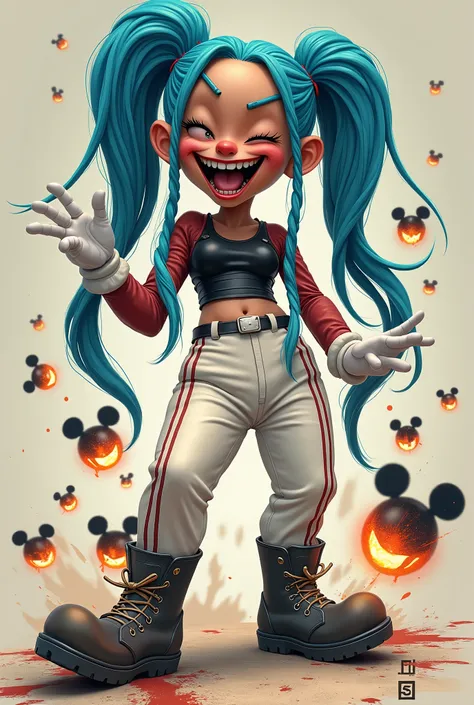 Realistic v5 image of the character Jinx with her 2 long blue braids in her hair she is cropped with white Mickeys white vertical striped pants and boots and is laughing like a madman. Background of the image an illustration . De bombas em formato de Micke...