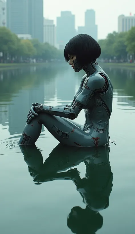 Ghost in the shell, Motoko Kusanagi (iconic cyborg, extreme battle damage, covering of right side of face ripped off, right arm busted gone below elbow) she is staring ay herself in a tranquil lake, Tokyo
