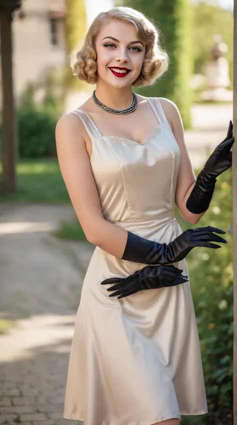 beautiful busty 18 yo german woman, 1920s dress with satin gloves and leather pumps, realistic skin, realistic hazel eyes, decent makeup with eyeliner, movie-style image, mischievous smile, high quality clothes look, BLONDE bob, bright-colored outdoor phot...