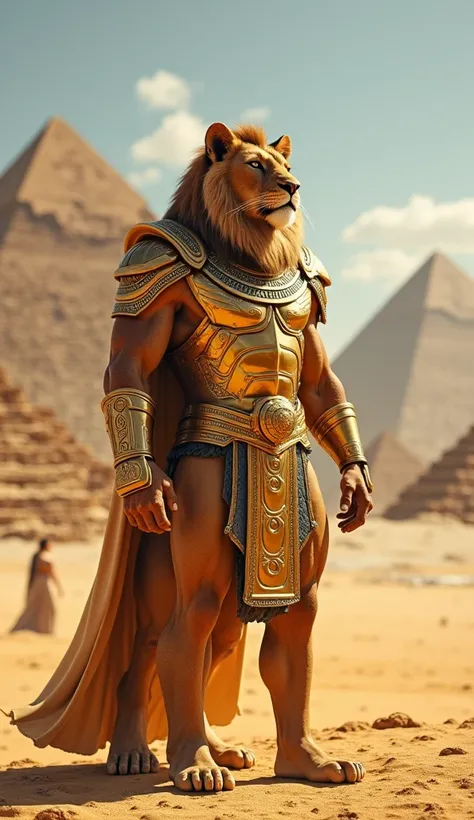 Egypt	A regal lion warrior in golden armor, standing in front of the pyramids under the desert sun.