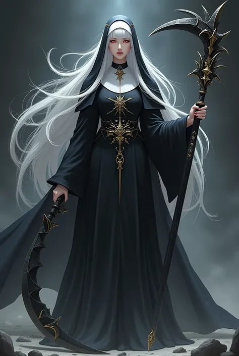 A white-haired nun holding the scythe of death ,a woman in a  nuns clothing holding a The scythe of death  and a sword,  nuns clothing, do girls frontline,  white-haired divinity ,  anime wearing a black dress ,  dressed as a clergyman , estilo girls front...