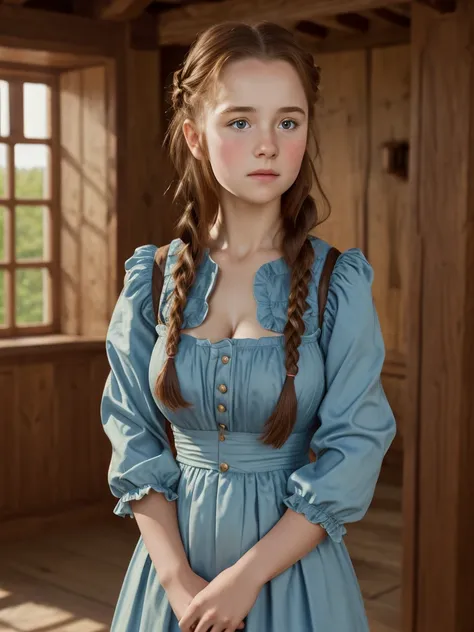 (best quality,4k,8k,highres,masterpiece:1.2),ultra-detailed,(realistic,photorealistic,photo-realistic:1.37), ((mittelalter, gym, a young peasant girl, she wears 19 century dress, solo, shy)), ((very large bust size for her young age)), braided red hair, pa...