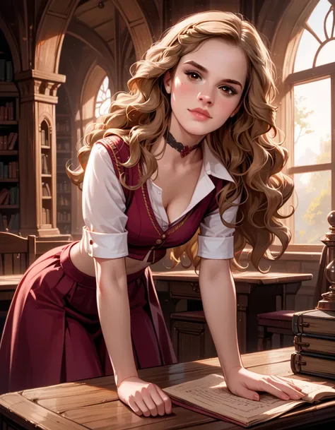 score_9, score_8_up, score_7_up, rating_questionable, epiCPhoto 1girl, solo, very sexy (Hermione Ganger, cartoon of hrmgrgr, long wavy hair, light brown hair, brown eyes:1.3), beautiful waifu, sexy school uniform, white_blouse, maroon_skirt, thigh, black_c...